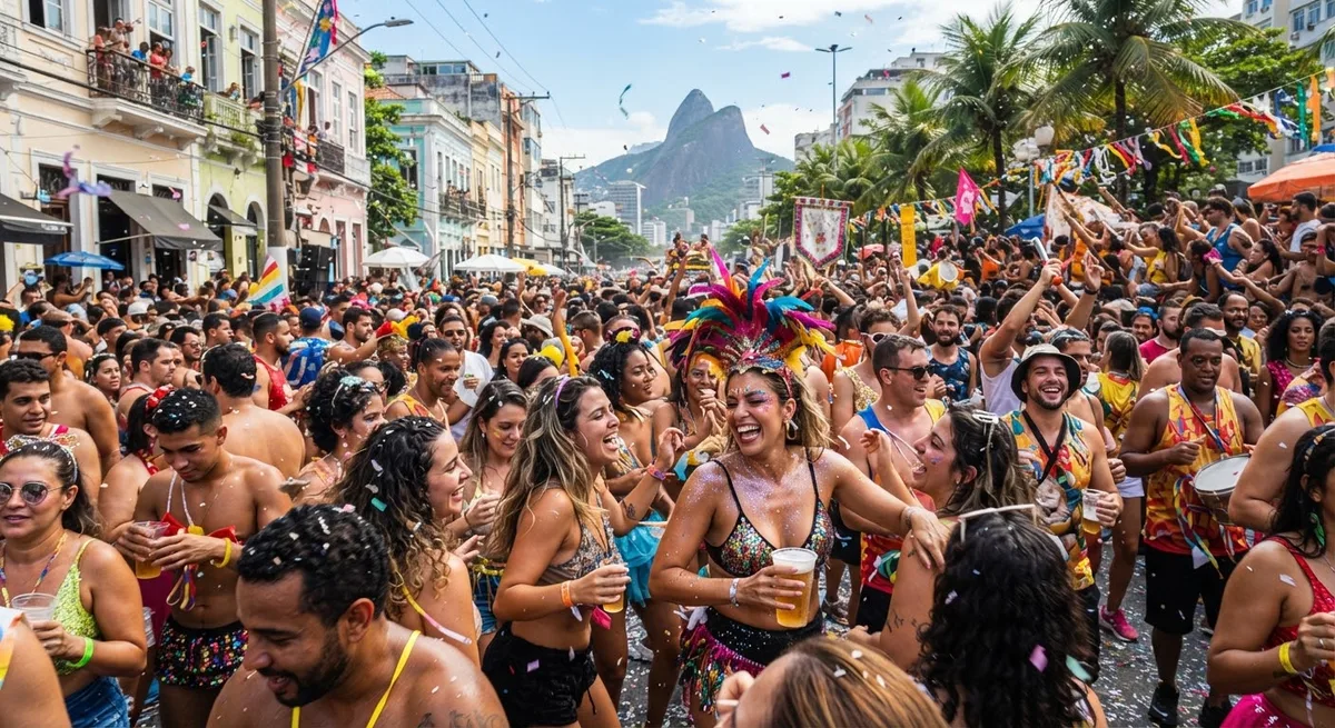 Multidão colorida participando de um bloco de carnaval de rua no Rio de Janeiro durante o dia, com o Morro Dois Irmãos ao fundo