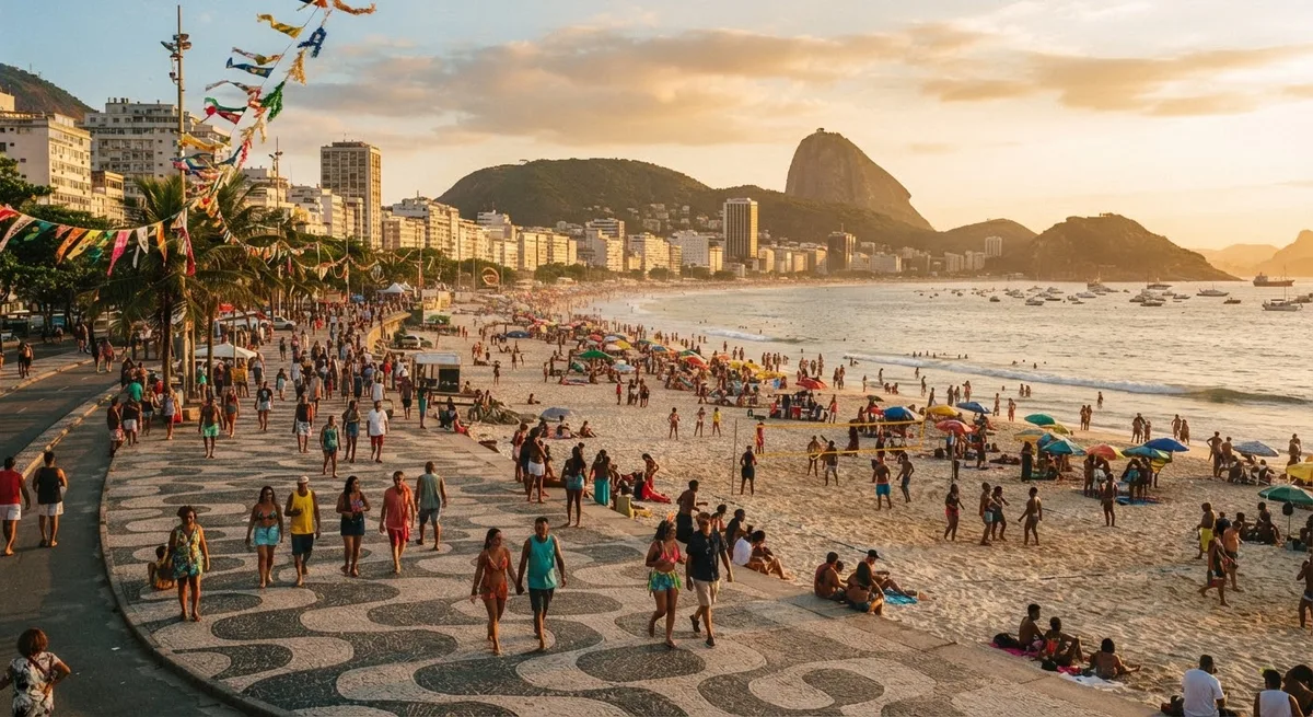Praia de Copacabana no Rio de Janeiro ao entardecer durante o período de carnaval, com bandeirinhas coloridas no calçadão