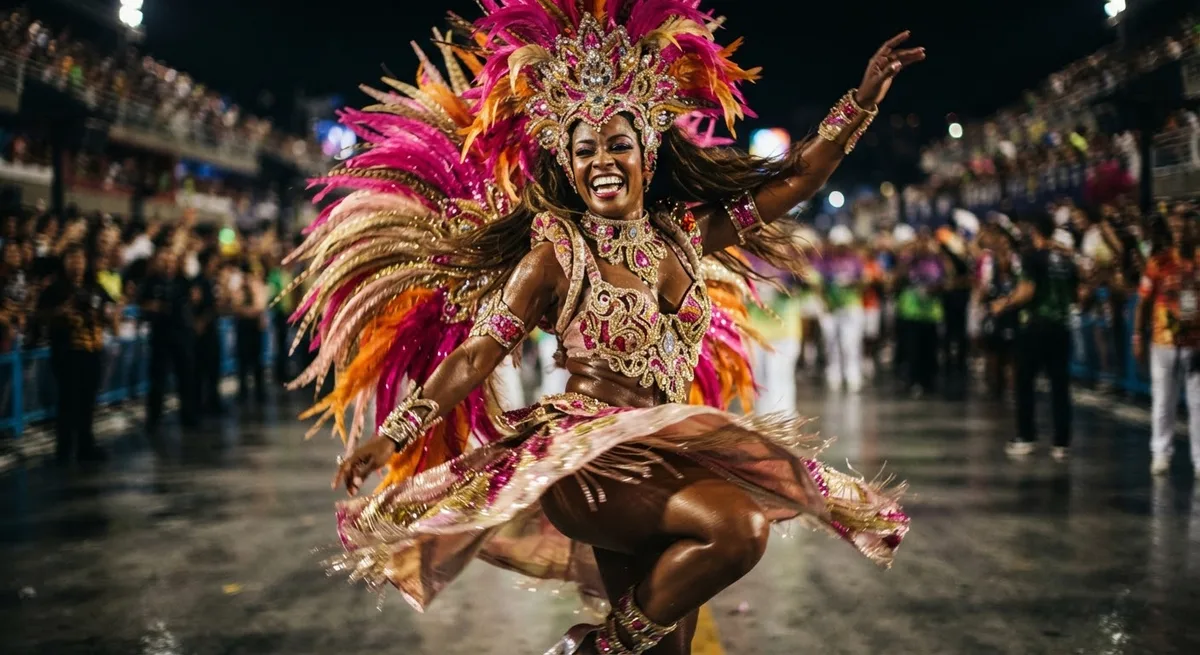 Passista de escola de samba com fantasia de plumas coloridas dançando no desfile do carnaval do Rio de Janeiro