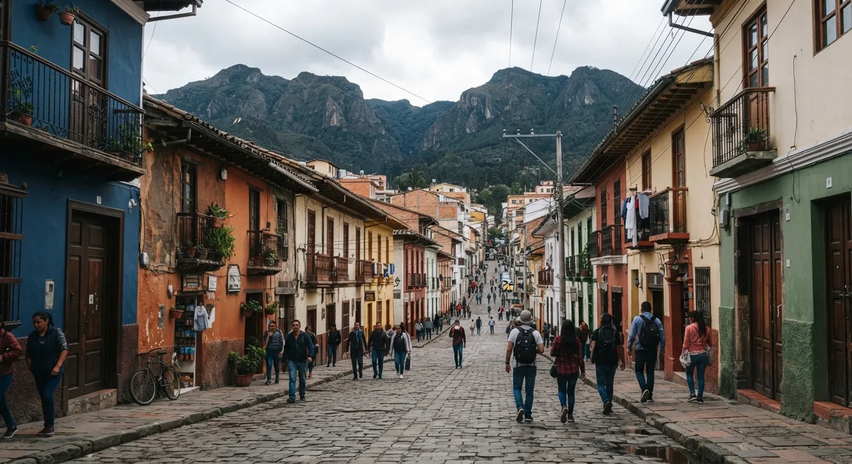 rua colonial no bairro La Candelaria em Bogotá, Colômbia, com montanhas dos Andes ao fundo