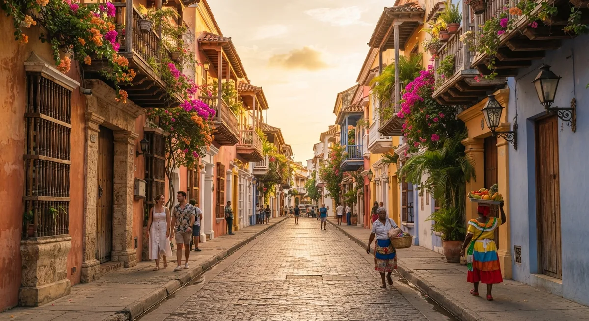 ruas coloridas do centro histórico murado de Cartagena, Colômbia