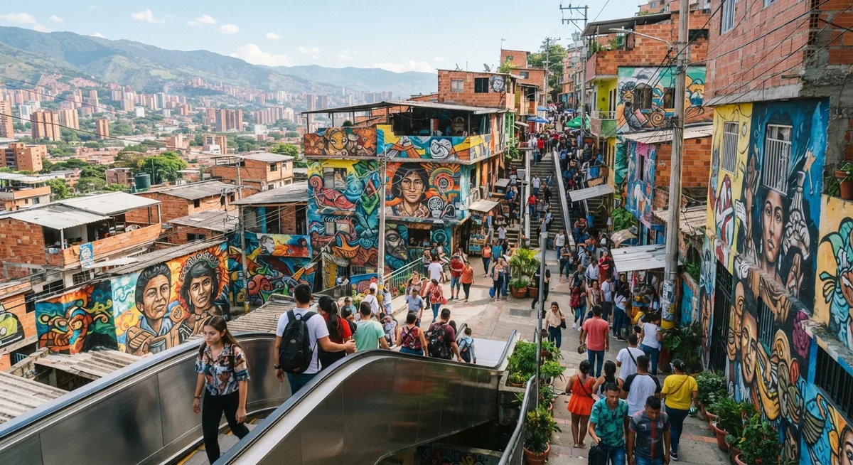 street art colorido e escadas rolantes na Comuna 13 em Medellín, Colômbia