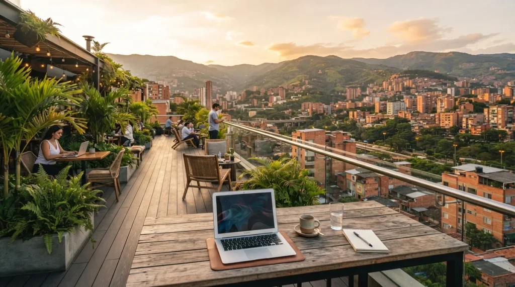 colombia trabalho remoto em coworking rooftop em Medellin com vista para o vale