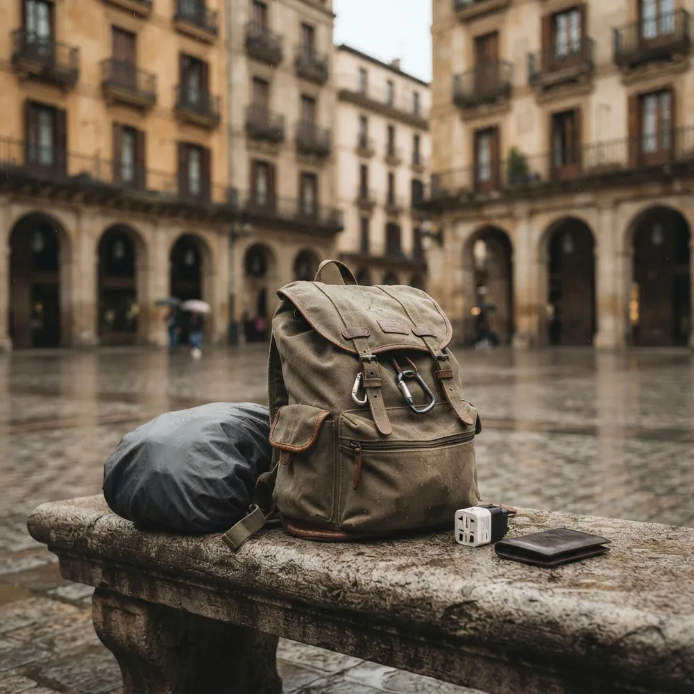Como planejar viagem a Bilbao: mochila, adaptador e itens de organização na Plaza Nueva