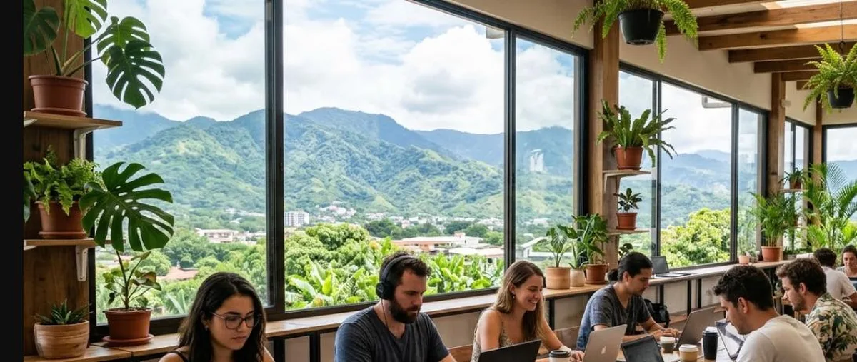 Coworking moderno em San José, Costa Rica, com vista para as montanhas do Valle Central