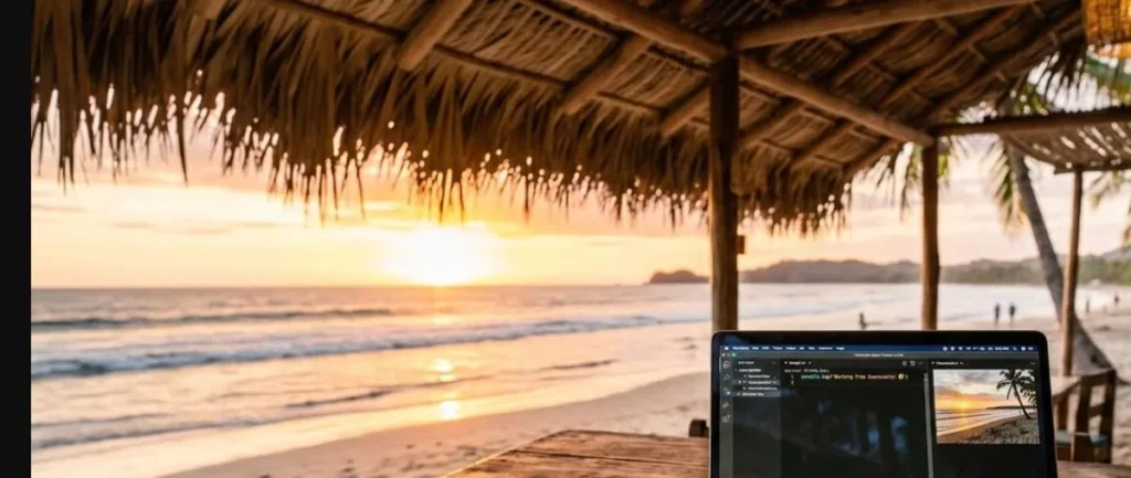 Nômade digital trabalhando em laptop numa praia de Guanacaste, Costa Rica, ao pôr do sol