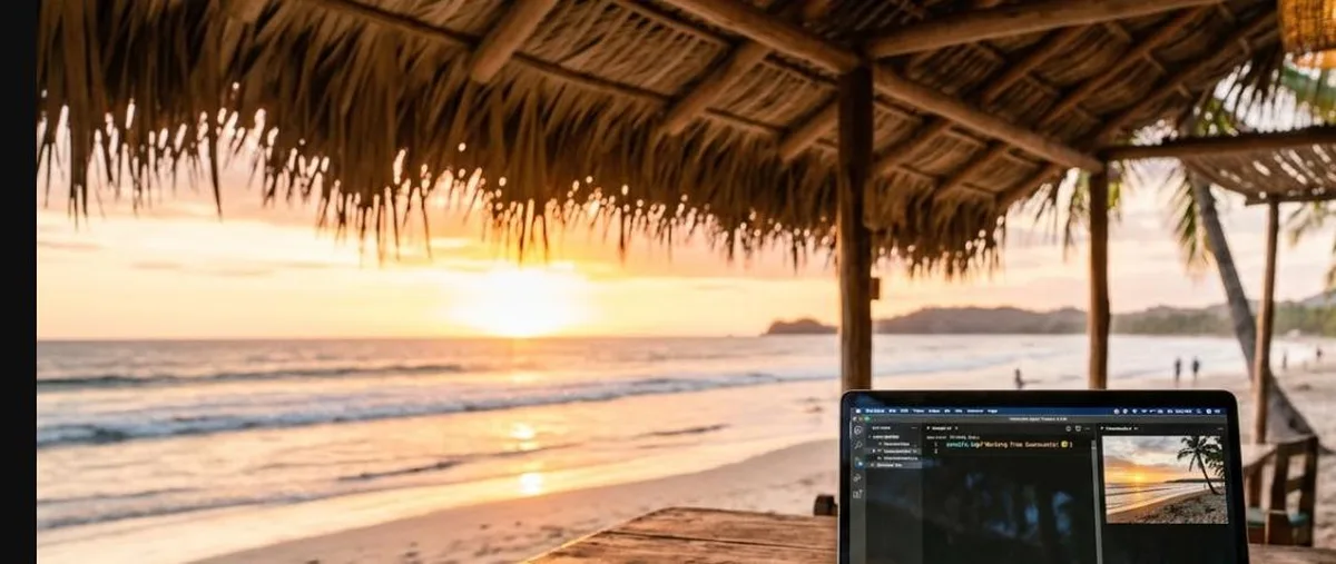 Nômade digital trabalhando em laptop numa praia de Guanacaste, Costa Rica, ao pôr do sol