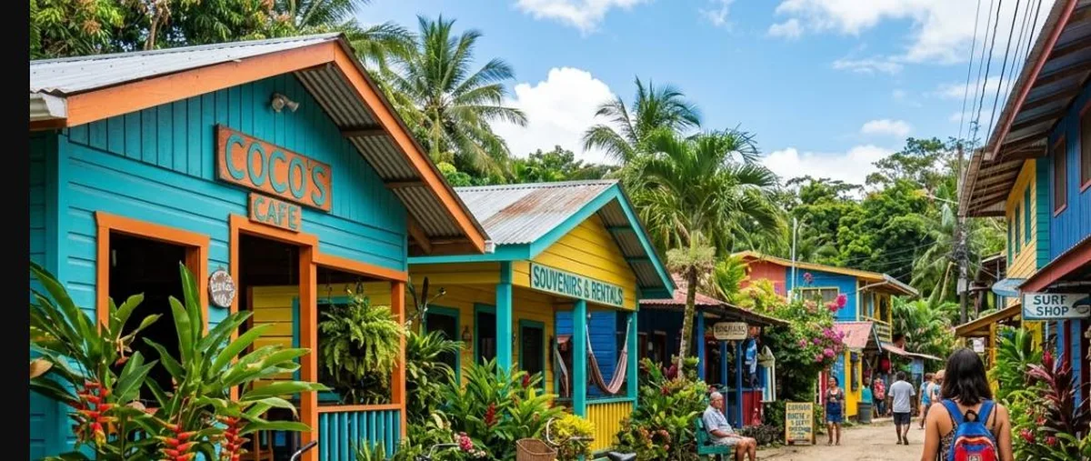 Rua colorida de Puerto Viejo, Costa Rica, com casas de madeira e bicicletas