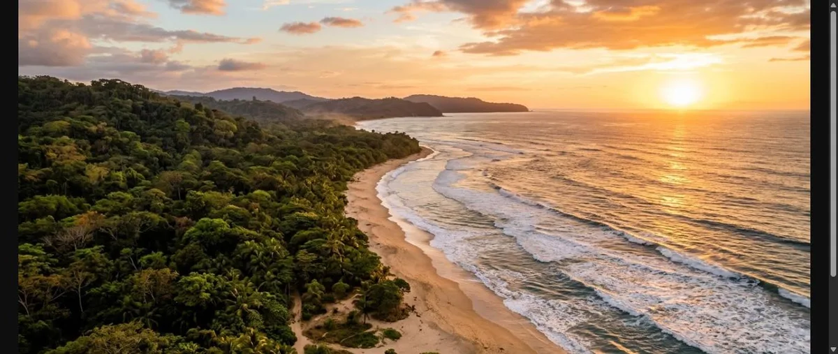 Vista aérea da praia de Santa Teresa, Costa Rica, com selva tropical e surfistas