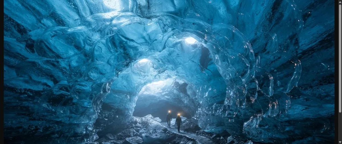 Interior de uma caverna de gelo azul na geleira Vatnajökull na Islândia com visitantes ao fundo