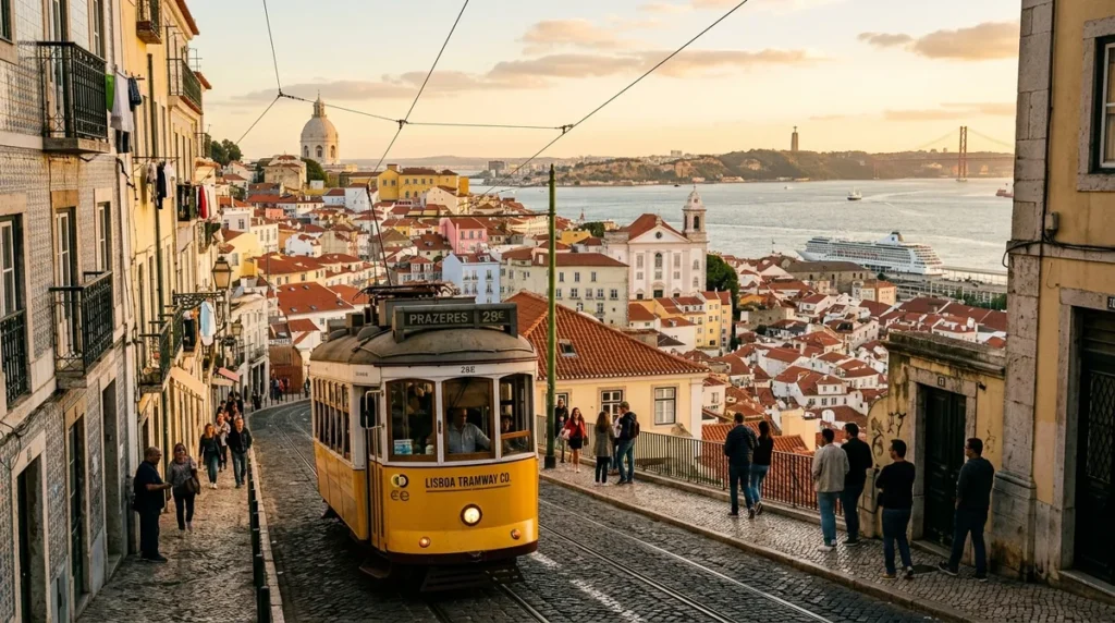 Elétrico amarelo em rua de Lisboa com telhados e o rio Tejo ao fundo, para quem está em dúvida entre Lisboa ou Porto
