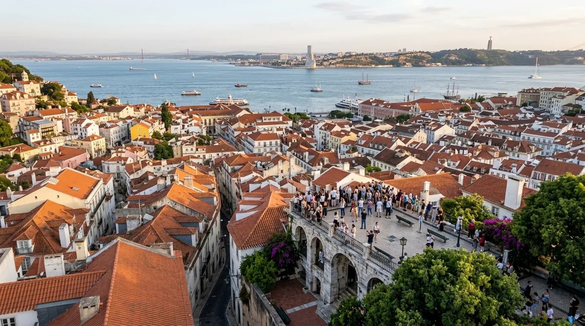 Lisboa ou Porto, vista dos telhados de Lisboa e do rio Tejo
