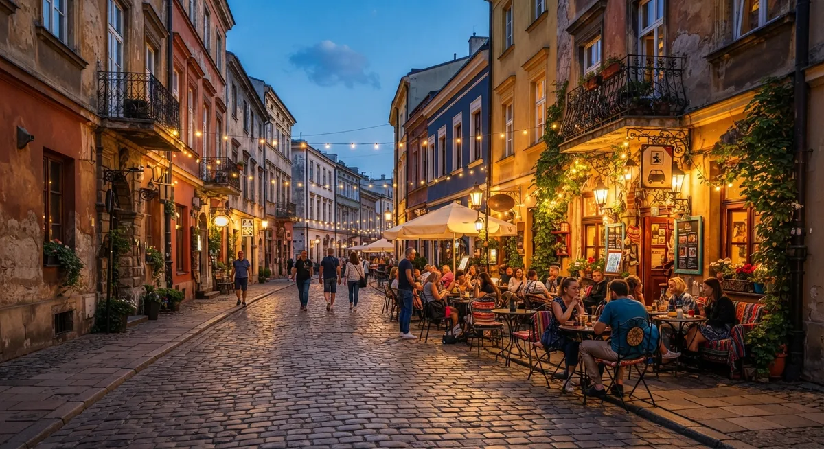 O que fazer em Cracóvia: rua histórica do bairro de Kazimierz à noite