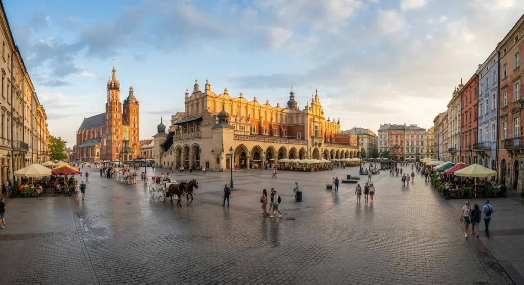 O que fazer em Cracóvia: Praça do Mercado com a Torre da Basílica de Santa Maria