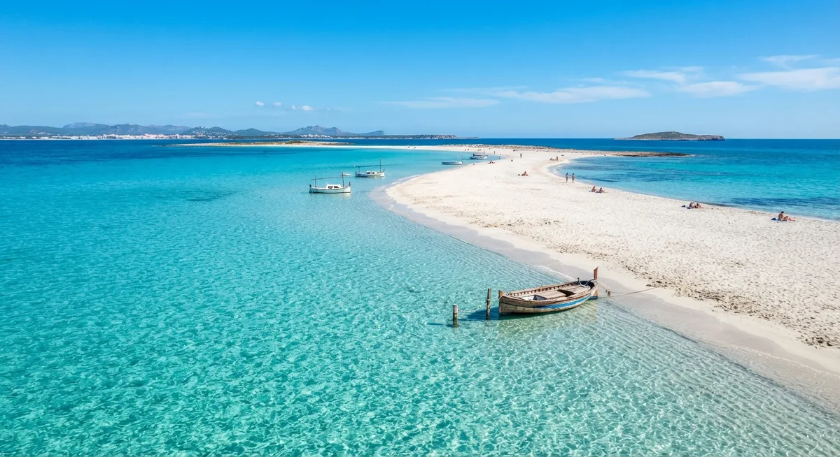 Bate-volta de Ibiza a Formentera: praia de Ses Illetes com água esverdeada