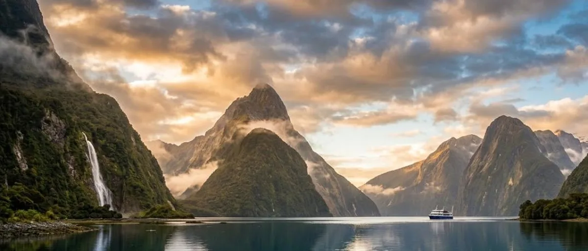 Milford Sound na Nova Zelândia, fiorde com montanhas e águas calmas, destino de trabalho remoto