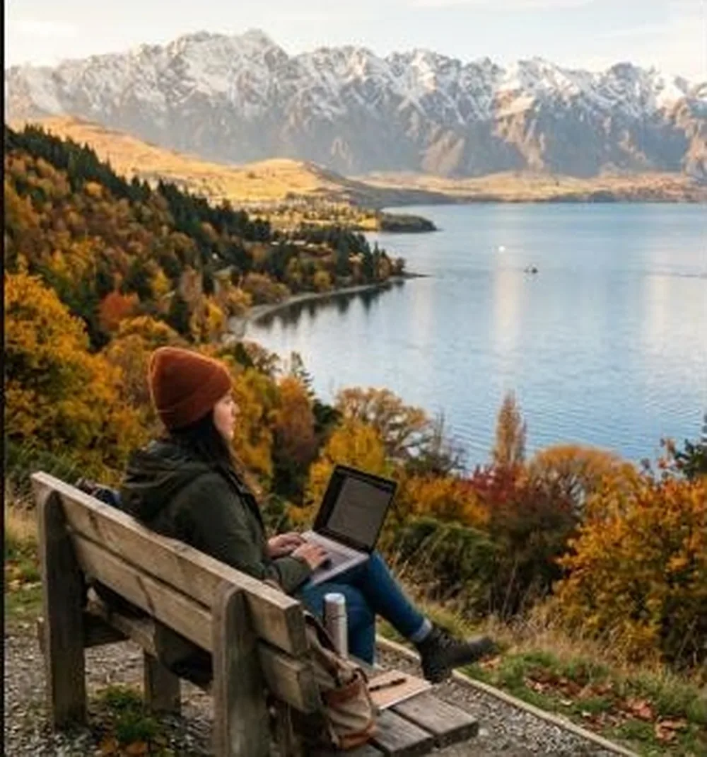 Paisagem de Queenstown, Nova Zelândia, montanhas e lago para quem trabalha remoto no país