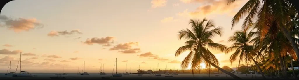 Pôr do sol em Carlisle Bay, Barbados, com veleiros ancorados e coqueiros em primeiro plano