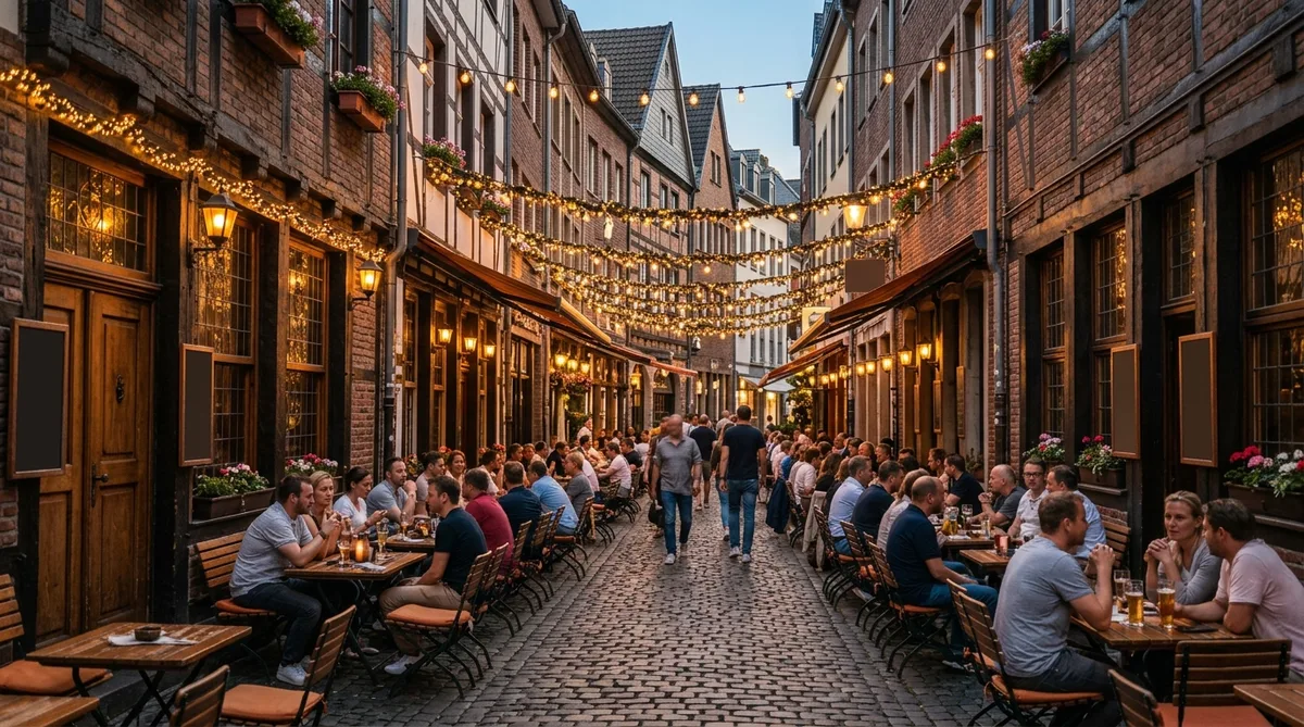 Rua estreita de paralelepípedos na Altstadt de Düsseldorf com bares tradicionais e luzes decorativas ao entardecer