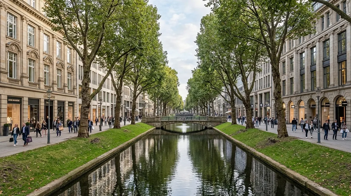 Avenida arborizada da Königsallee em Düsseldorf com prédios do século 19 e pedestres caminhando