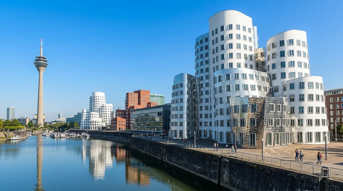 Fachadas onduladas de aço inox e vidro dos prédios de Frank Gehry no MedienHafen em Düsseldorf