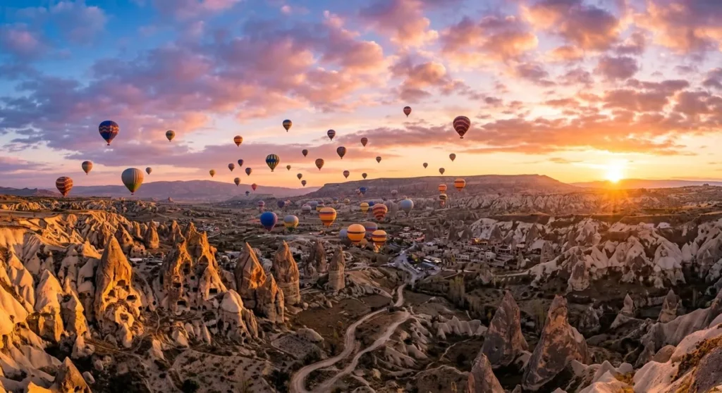Balões de ar quente sobrevoando a Capadócia, Turquia, ao nascer do sol