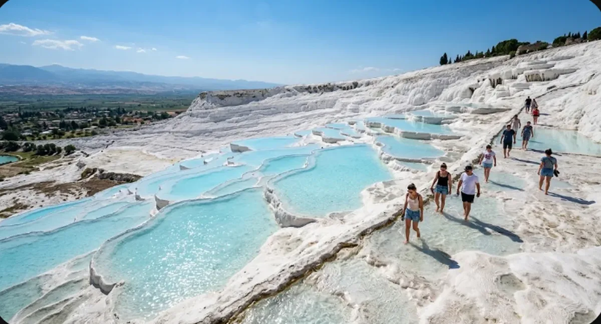 Piscinas termais de travertino branco em Pamukkale, Turquia