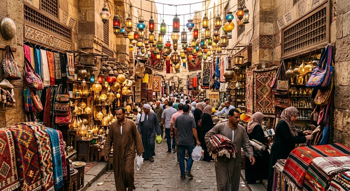 Bazar Khan el-Khalili no Cairo, Egito, com lanternas coloridas