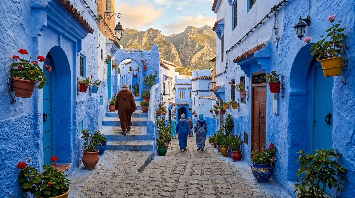 Rua estreita de Chefchaouen, a cidade azul do Marrocos, com paredes pintadas de azul e montanhas do Rif ao fundo