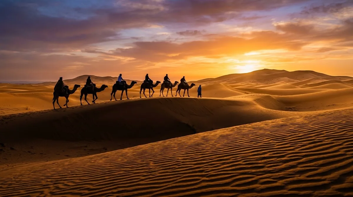 Caravana de camelos cruzando as dunas do deserto do Saara perto de Merzouga ao pôr do sol