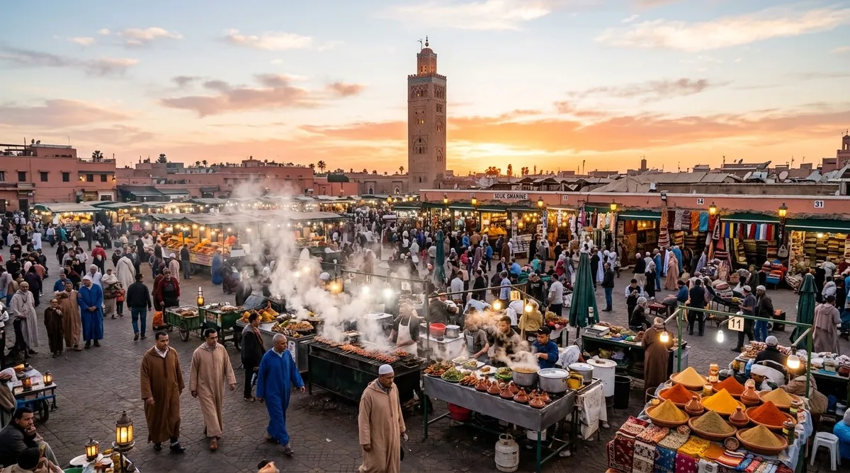 Praça Jemaa el-Fnaa em Marrakech ao entardecer, com barracas de comida e a torre da mesquita Koutoubia