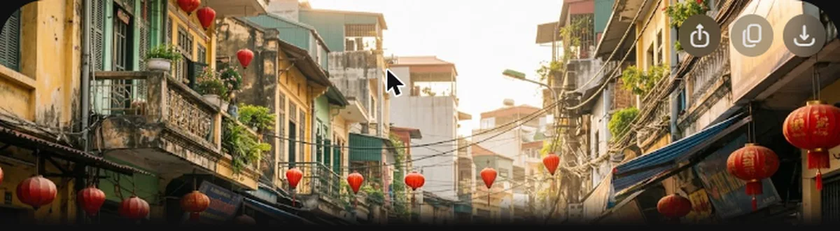 Rua do Bairro Antigo de Hanói com lanternas vermelhas e prédios coloniais coloridos