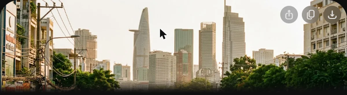 Trânsito de motos em Ho Chi Minh com os arranha-céus do centro ao fundo